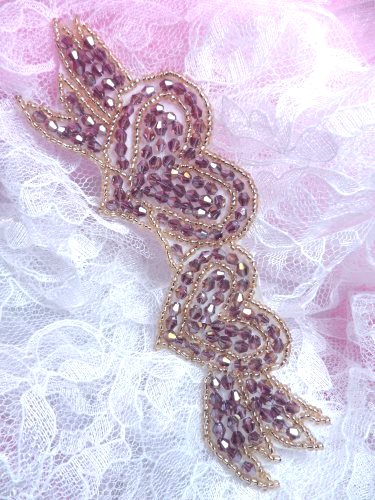 JB206 Glass Beaded Plum Gold Double Heart Applique Patch 6\