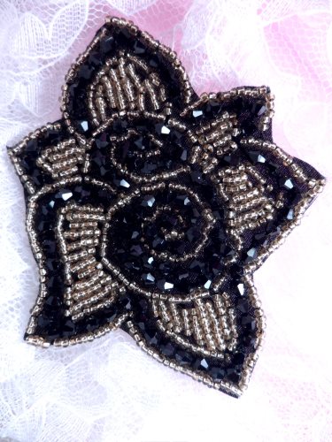 JB216 Glass Beaded Black Gold Floral Applique Patch 4.5\