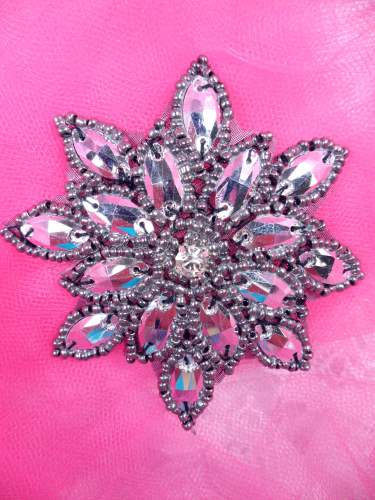 JB219 Metallic Gunmetal Snowflake Jewel Beaded Applique 3\