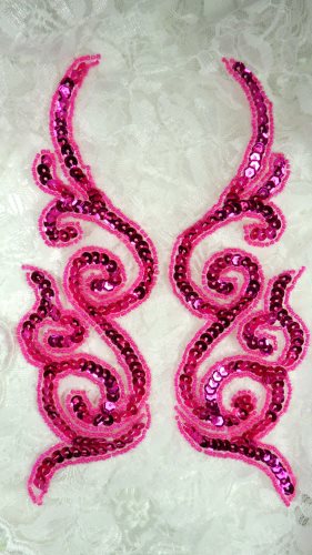 Fuchsia Sequin Appliques Beaded Designer Scrolls Mirror Pair Clothing Patch 7 JB233X