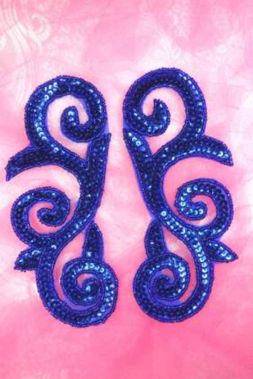 Sequin Appliques Blue Scroll Mirror Pair Designer Patch Motif 6.5 JB239X