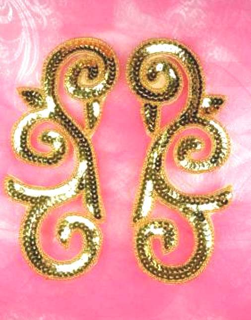 Sequin Appliques Mirror Pair Gold Scroll Designer 6.5 JB239X