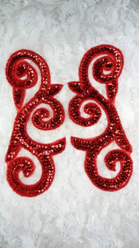 Sequin Appliques Mirror Pair Red Scroll Designer 6.5 JB239X