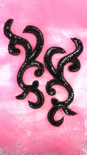 JB240 Mirror Pair Black Scroll Designer Sequin Appliques 6.75