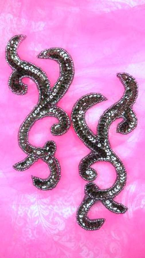 JB240 Gunmetal Scroll Designer Sequin Appliques Mirror Pair 6.75
