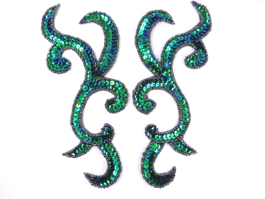 Peacock Scroll Designer Sequin Appliques Mirror Pair 6.75  JB240X