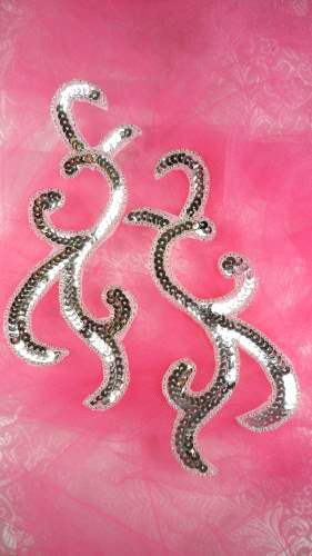 JB240 Mirror Pair Silver Scroll Designer Sequin Appliques 6.75