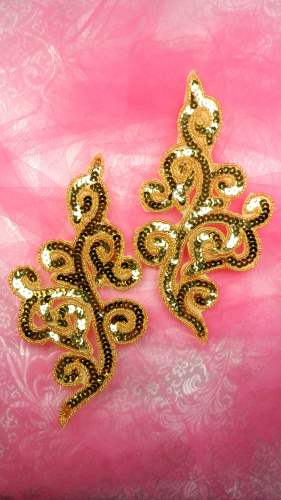 JB242 Gold Sequin Appliques Beaded Iron On Mirror Pair 7\