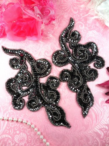 JB242 Sequin Appliques Gunmetal Beaded Scroll Designer Mirror Pair 7\