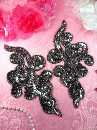 JB242 Beaded Sequin Appliques Pewter Scroll Designer Mirror Pair 7\