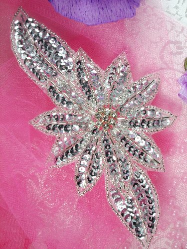 JB25 Silver Floral Rhinestone Beaded Sequin Applique 6.5\