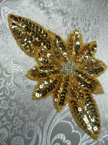 JB25 Gold Floral Rhinestone Beaded Sequin Applique 6.5\