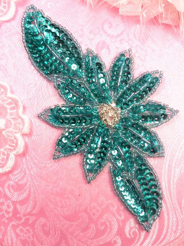 JB25 Teal Floral Rhinestone Beaded Sequin Applique 6.5\