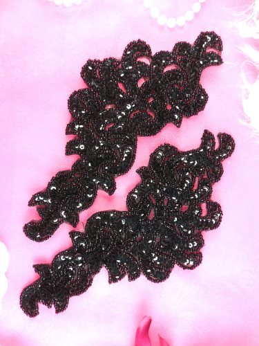 JB257X Sequin Appliques Black MIRROR PAIR Scroll Designer 7.5