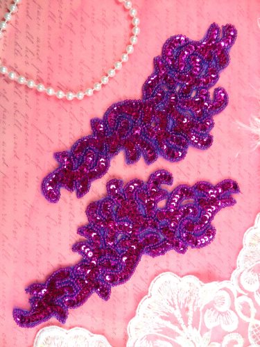 JB257 Sequin Appliques Fuchsia MIRROR PAIR Scroll Designer 7.5
