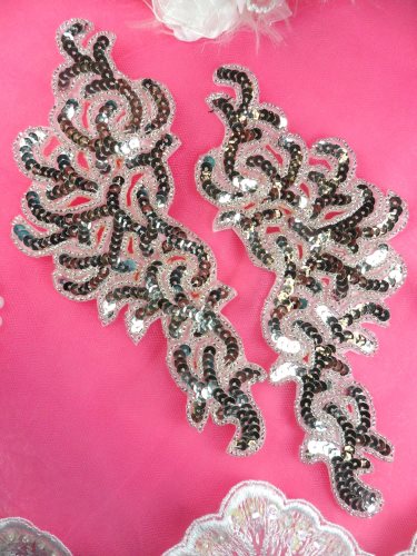Sequin Appliques Silver MIRROR PAIR Scroll Designer 7.5 JB257X