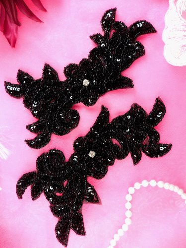 JB259 Sequin Appliques Black MIRROR PAIR Floral Patch 7