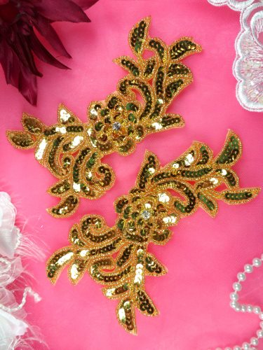 JB259 Sequin Appliques Gold MIRROR PAIR Floral Patch 7