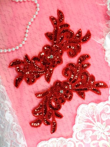JB259 Sequin Appliques Red MIRROR PAIR Floral Patch 7