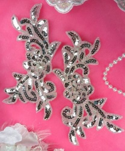 JB259 Sequin Appliques Silver MIRROR PAIR Floral Patch 7
