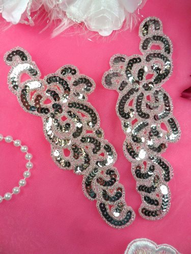 JB260 Sequin Appliques Beaded Silver Mirror Pair Dance Patch 7\