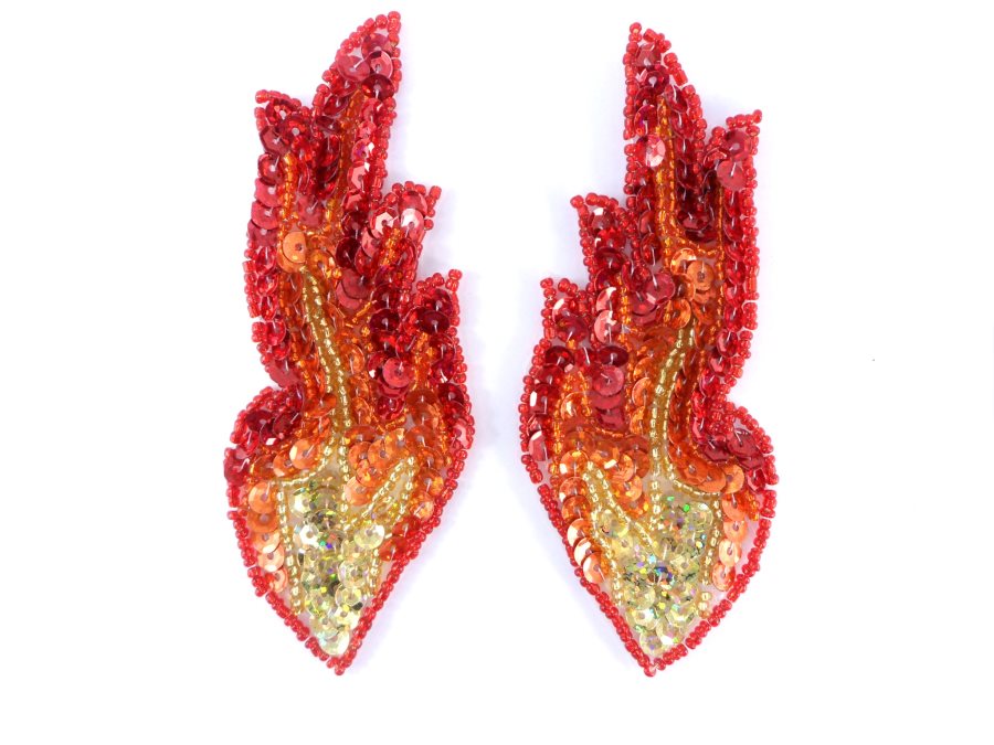 Flames Sequin Appliques HOLOGRAPHIC Red Orange Gold Beaded Mirror Pair 4 JB262X