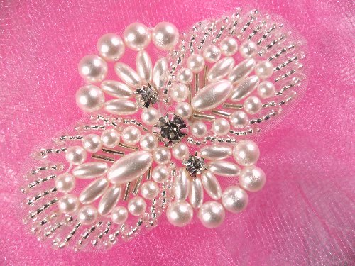 Hot Fix Silver Pearl  Beaded Rhinestone Applique 3  JB271