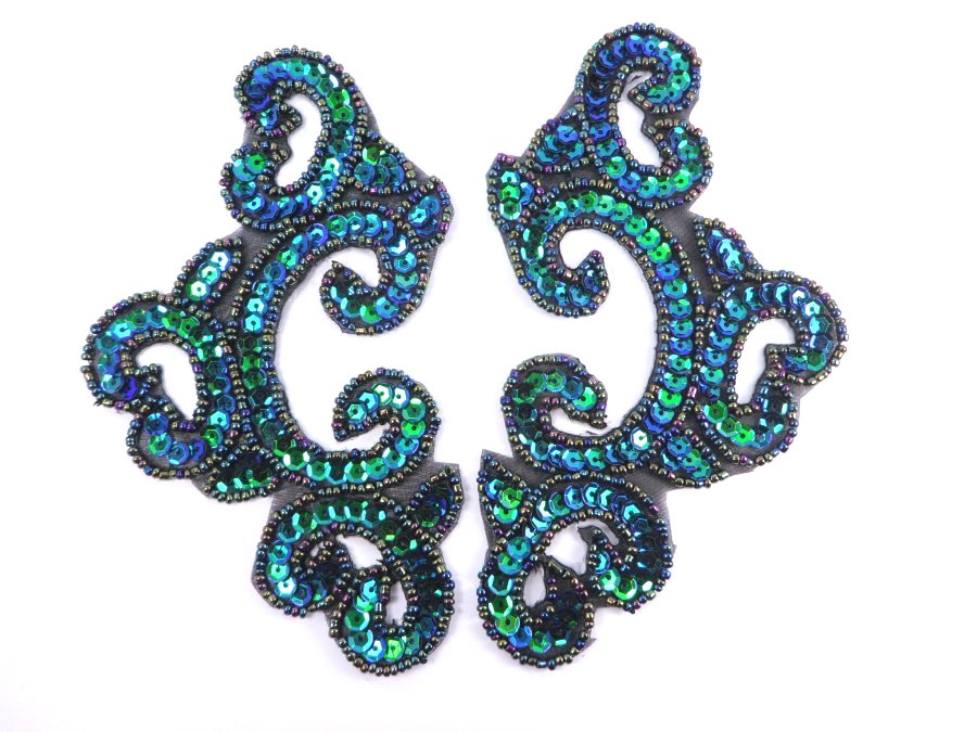 Peacock Black Backing Mirror Pair Sequin Beaded Appliques Dance Costume Clothing Patch 6 JB275X