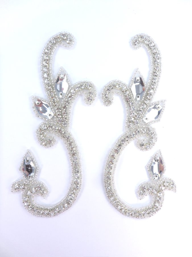 Crystal Rhinestone Appliques Mirror Pair Silver Beaded 6  JB279X