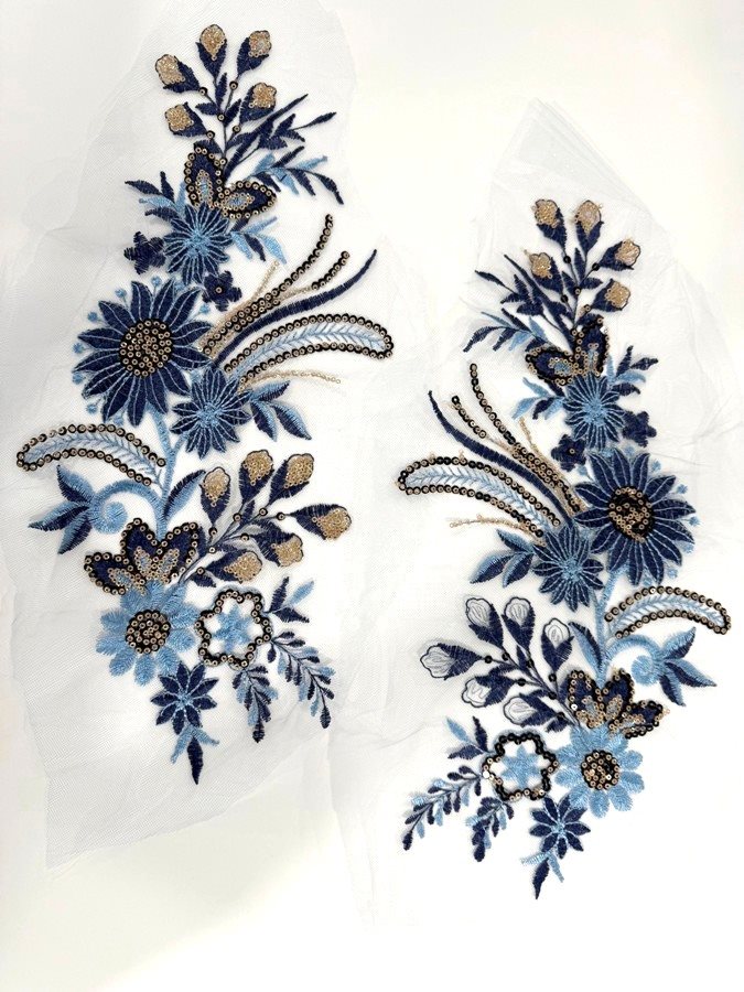 Applique Pair  Embroidered Lace Sequin Shiny Blue and Gold Sewing Floral Design 19" JB326X