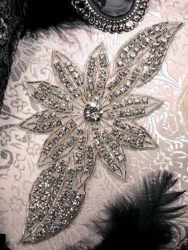 JB33A High Quality Silver Beaded Floral Crystal Rhinestone Applique 6.5