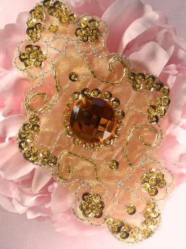 JB35 Emma Gold Beaded Sequin Rhinestone Applique 5.75\