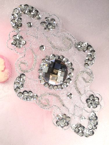 JB35 Emma Silver Beaded Sequin Rhinestone Applique 5.75\