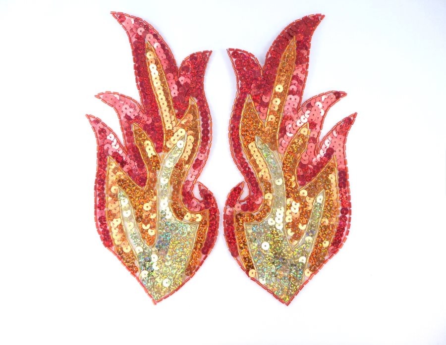 Flame Appliques Holographic Sequins w/ Beaded Edges Red Orange Gold Mirror Pair 10 JB38X