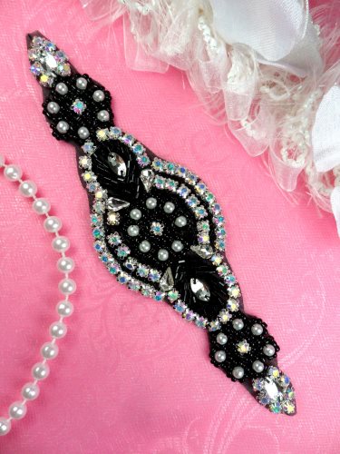 JB41 Rhinestone Pearl Applique Aurora Borealis Crystal Lillian Black Beaded Patch 6.25