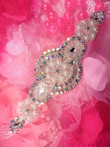 JB41 Aurora Borealis Crystal AB Rhinestone Lillian Silver Beaded Pearl Applique 6.25