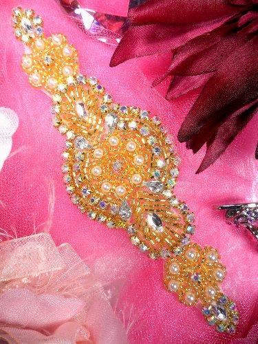 JB41 Lillian Gold Pearl Beaded Crystal Aurora Borealis  AB Rhinestone Applique 6.25