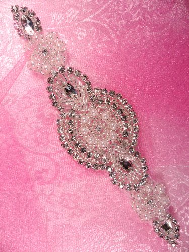 JB41 Lillian Silver Pearl Beaded Crystal Rhinestone Applique 6.25