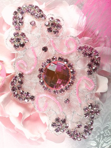 JB42 Cassandra Princess Pink Glass Beaded Rhinestone Applique 5.75