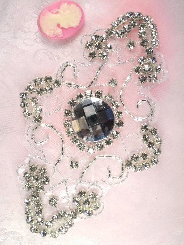 JB80 Crystal Silver Beaded Rhinestone Applique 5.75