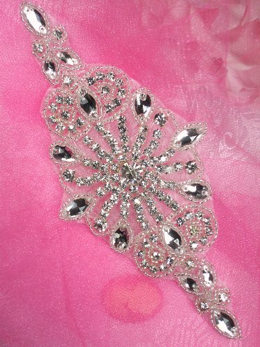 JB45 Hot Fix Silver Beaded Crystal Rhinestone Applique 7