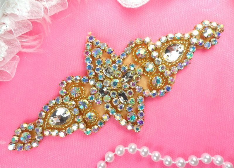 Applique Aurora Borealis Crystal AB Rhinestone Gold Beaded Iron-On 6 (JB47-glab)