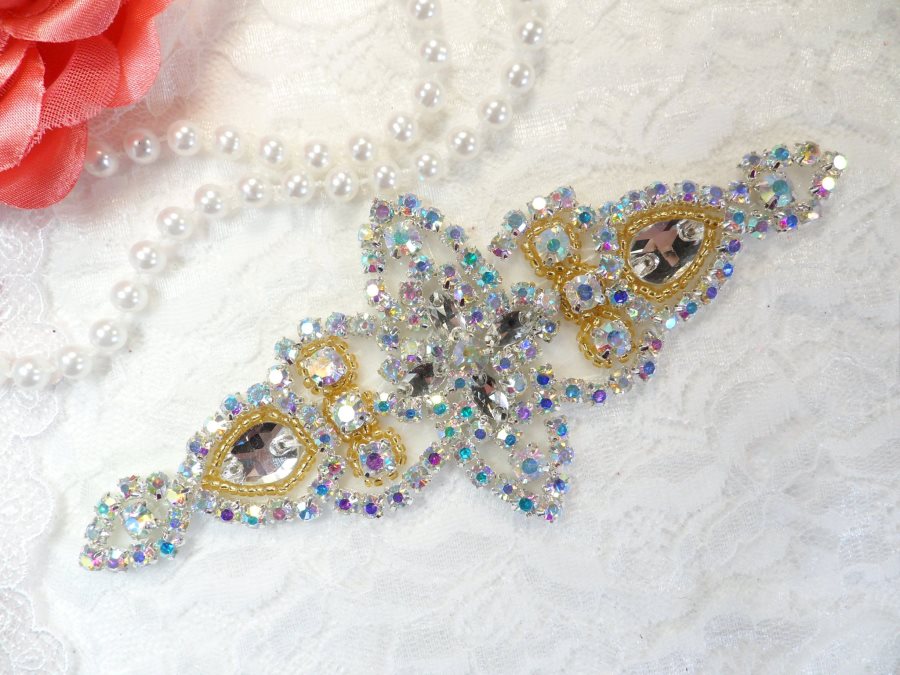 Applique Aurora Borealis Crystal AB Rhinestone Gold Beaded Iron-On 6 (JB47-glab2)