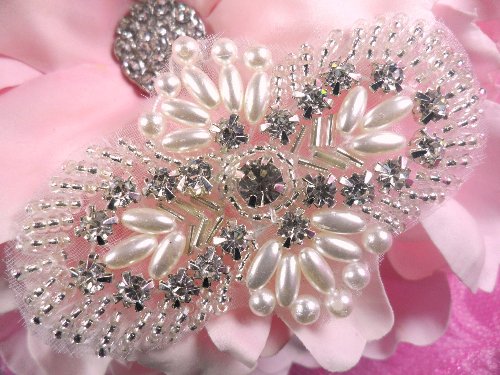 JB56 Hot Fix Silver Pearl Beaded Rhinestone Applique 2.75