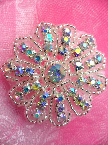 JB57 Aurora Borealis Crystal AB Rhinestone Applique Silver Beaded  2 Hot Fix Iron on