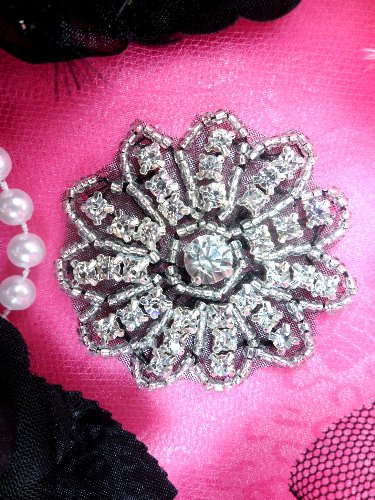 JB57  Rhinestone Applique Black Backing Floral Silver Beaded Crystal  2\