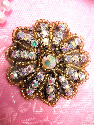 JB57 Rhinestone Applique Gold Beaded Black Backing Aurora Borealis  2