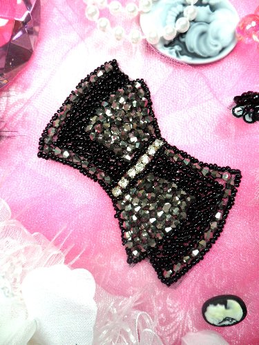 JB59 Black Gunmetal Beaded Rhinestone Applique Hot Fix Iron On
