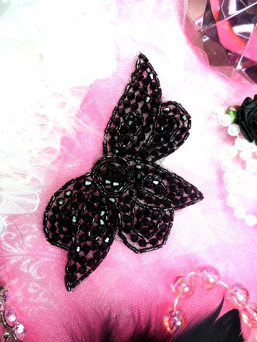 JB62 Black Designer Glass Beaded Applique 4.75 Hot Fix Iron on