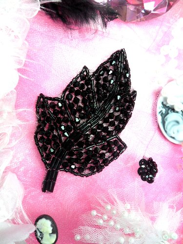 JB63 Black Leaf Designer Glass Beaded Applique 4\ Hot Fix Iron on
